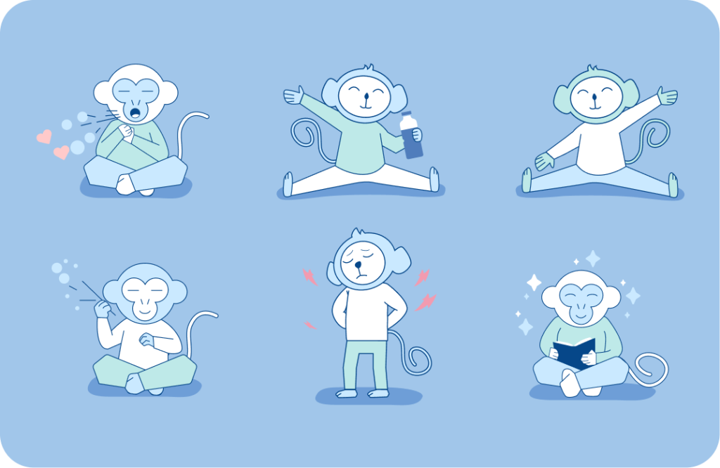 Ilustración de mono repitiendo hábitos saludables como respiración, agua y lectura en un flujo circular