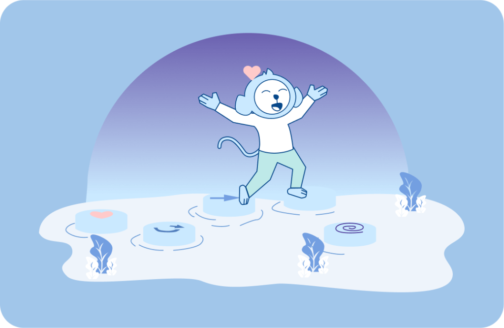 Ilustración de mono meditando con símbolos de escucha, corazón y cerebro en fondo blanco