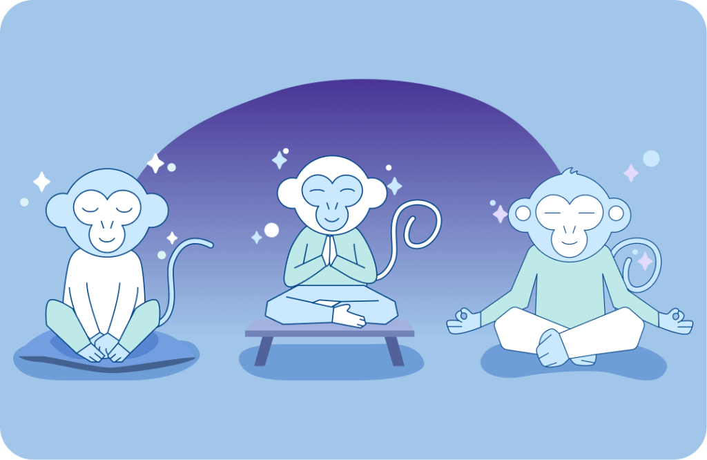 Mono ilustrado mostrando diferentes posturas para meditar: sentado, acostado, de pie y más