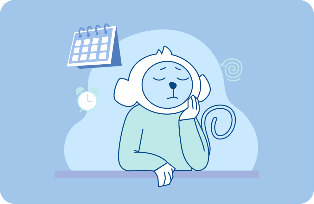 Ilustración de mono con símbolos flotantes que reflejan pensamientos relacionados a la procrastinación