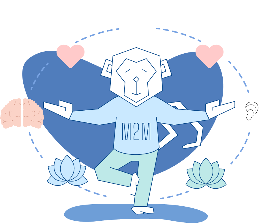 Mono cartoon en equilibrio con íconos de inteligencia emocional flotando a su alrededor