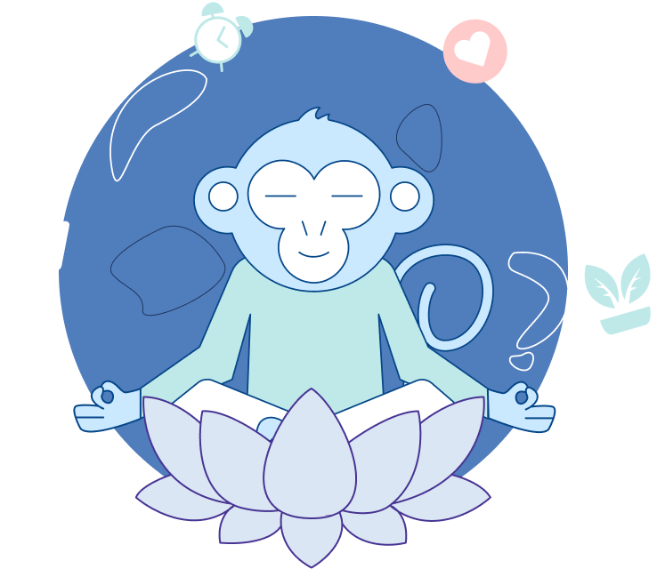 Mono meditando con símbolos de emociones constructivas como gratitud, alegría y esperanza