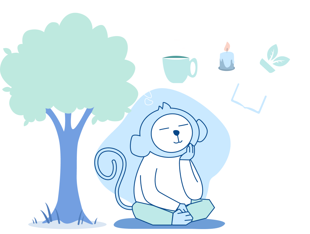 Mono ilustrado bajo un árbol con íconos de hábitos ancestrales como té, libro y hoja