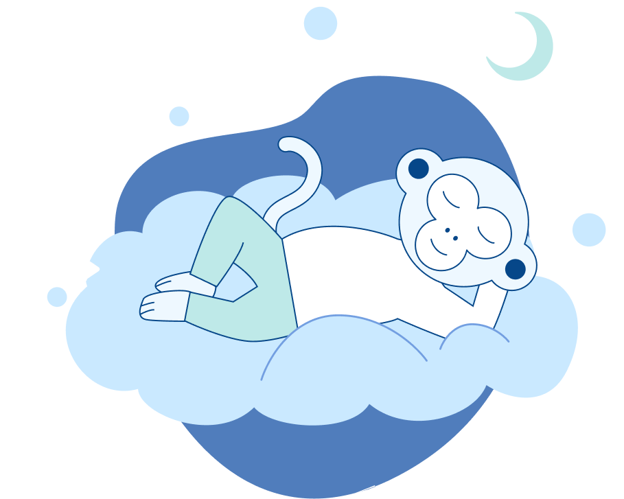 Mono acostado en una nube con íconos de relajación como té, corazón y luna