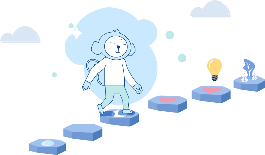 Mono caminando sobre piedras con íconos de hábitos saludables en ilustración estilo cartoon
